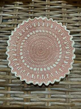 Ceramic Crochet Pattern Lace Plate Scalloped Dish Pink